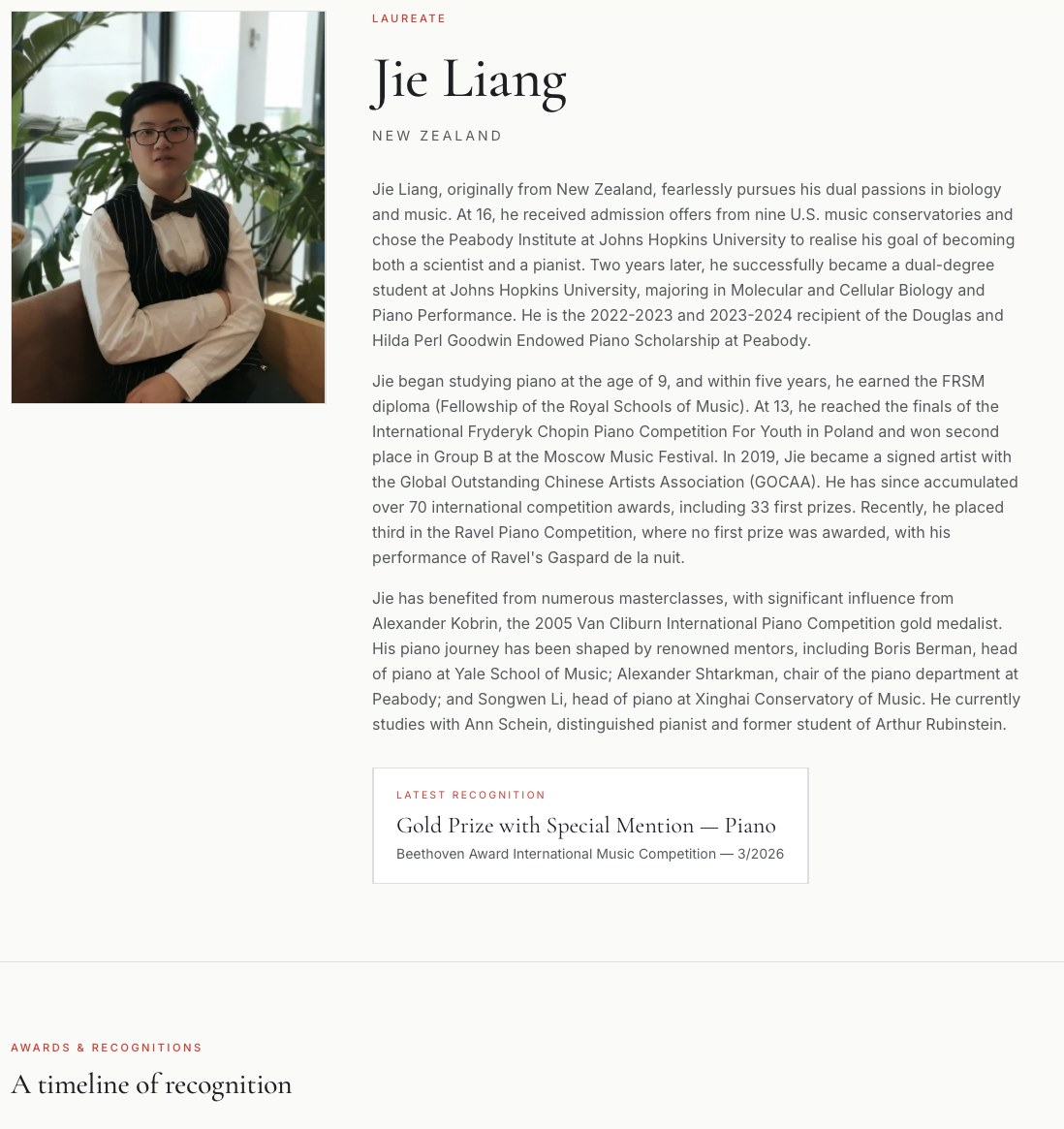UMS Laureate Profile of pianist Jie Liang — portrait, biography, latest recognition and the beginning of his timeline of recognition