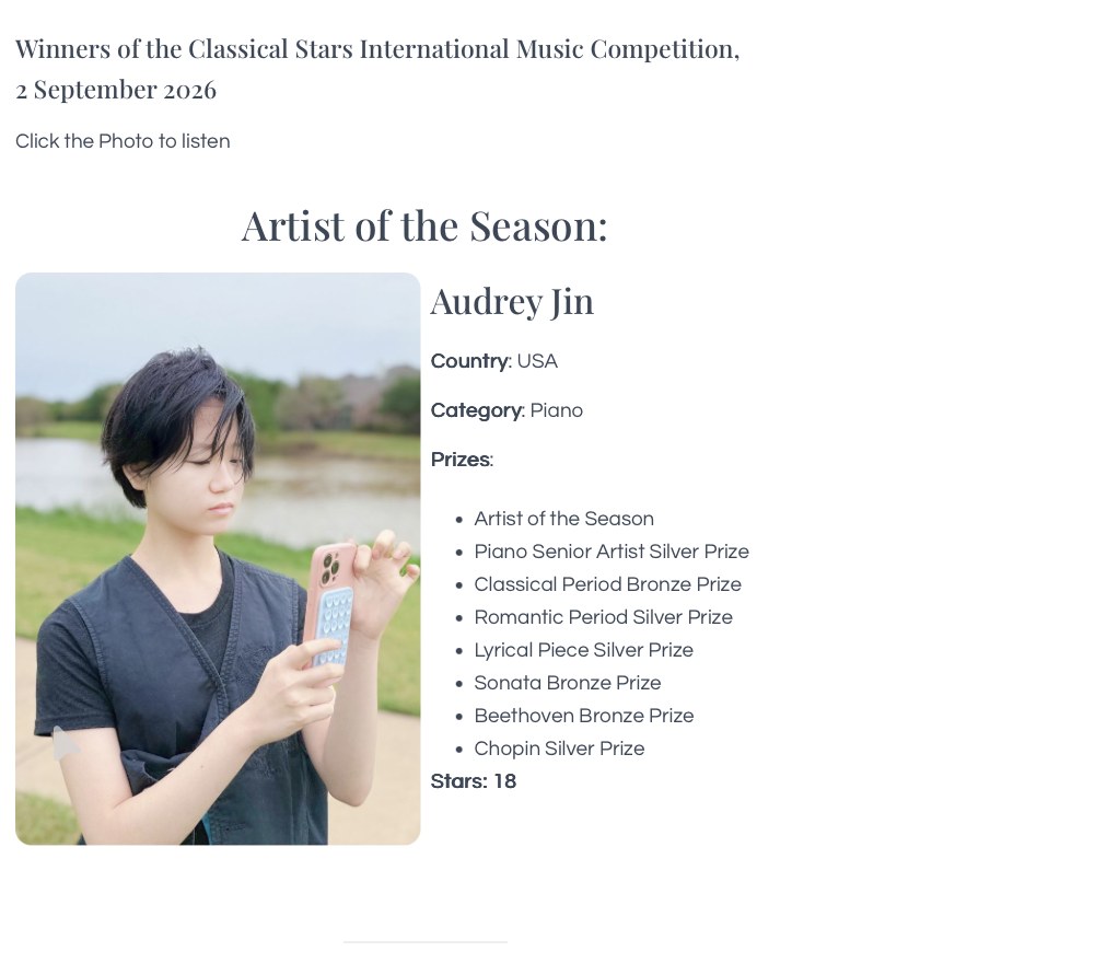 Classical Stars Competition — Winners 2026 results page naming Audrey Jin Artist of the Season with her photograph and prize list