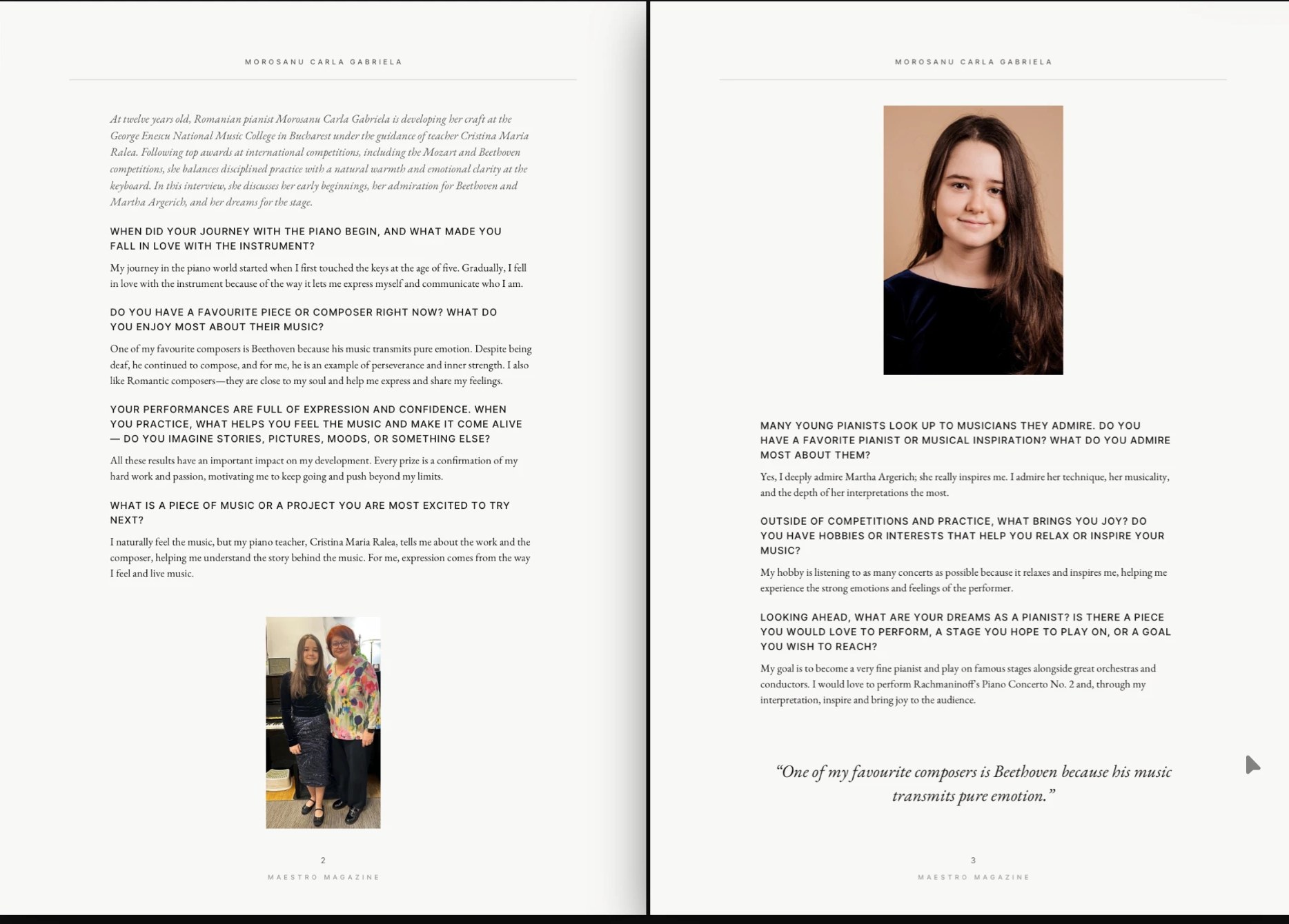 Maestro Magazine two-page spread — interview with pianist Morosanu Carla Gabriela, portrait and pull quote